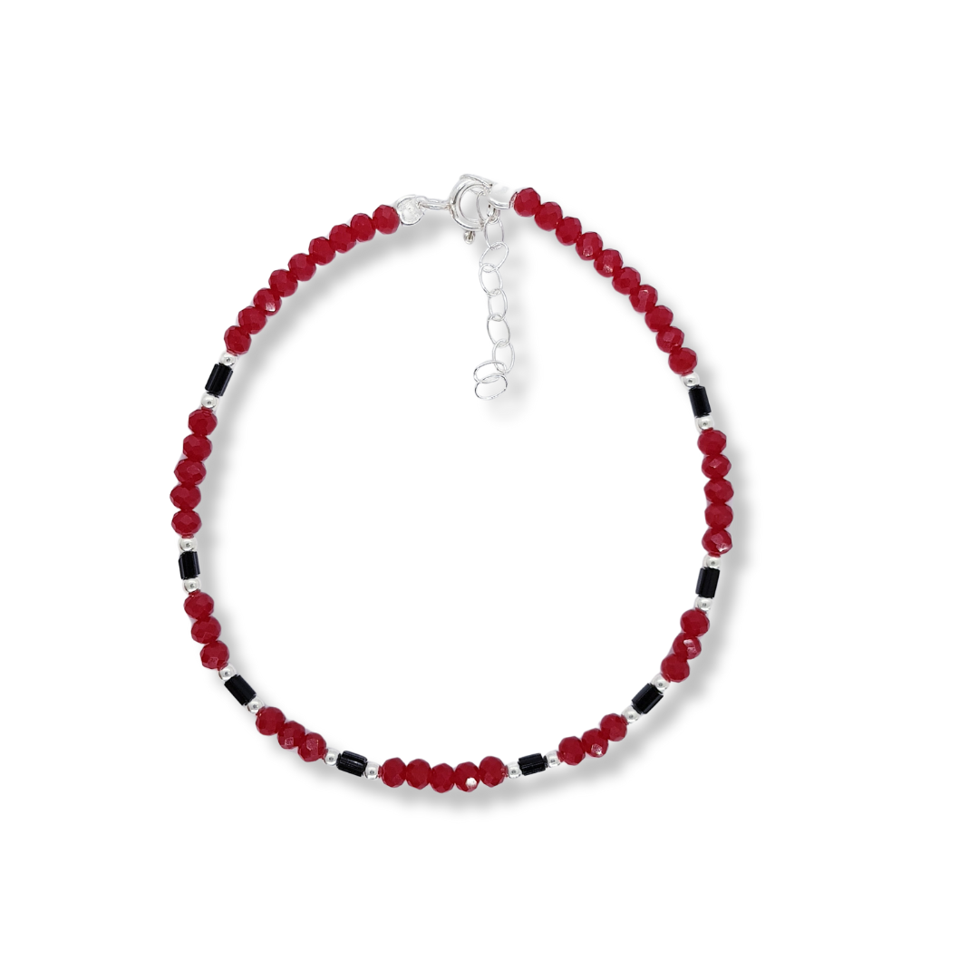 PULSERA CRISTALES ROJAS Y NEGRAS DE PLATA