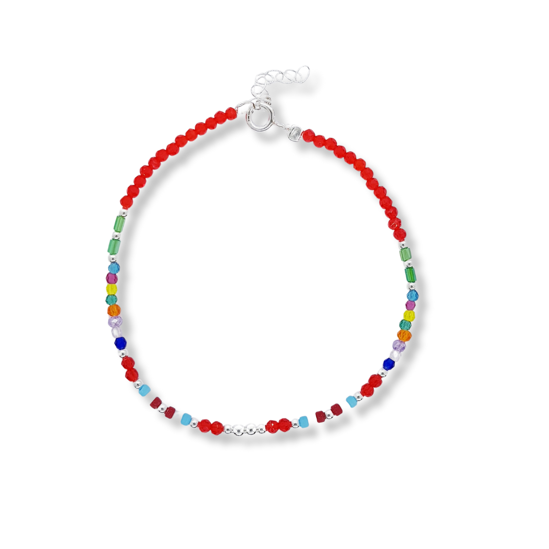 PULSERAS DE CRISTALES ROJOS CON DETALLES MULTICOLOR
