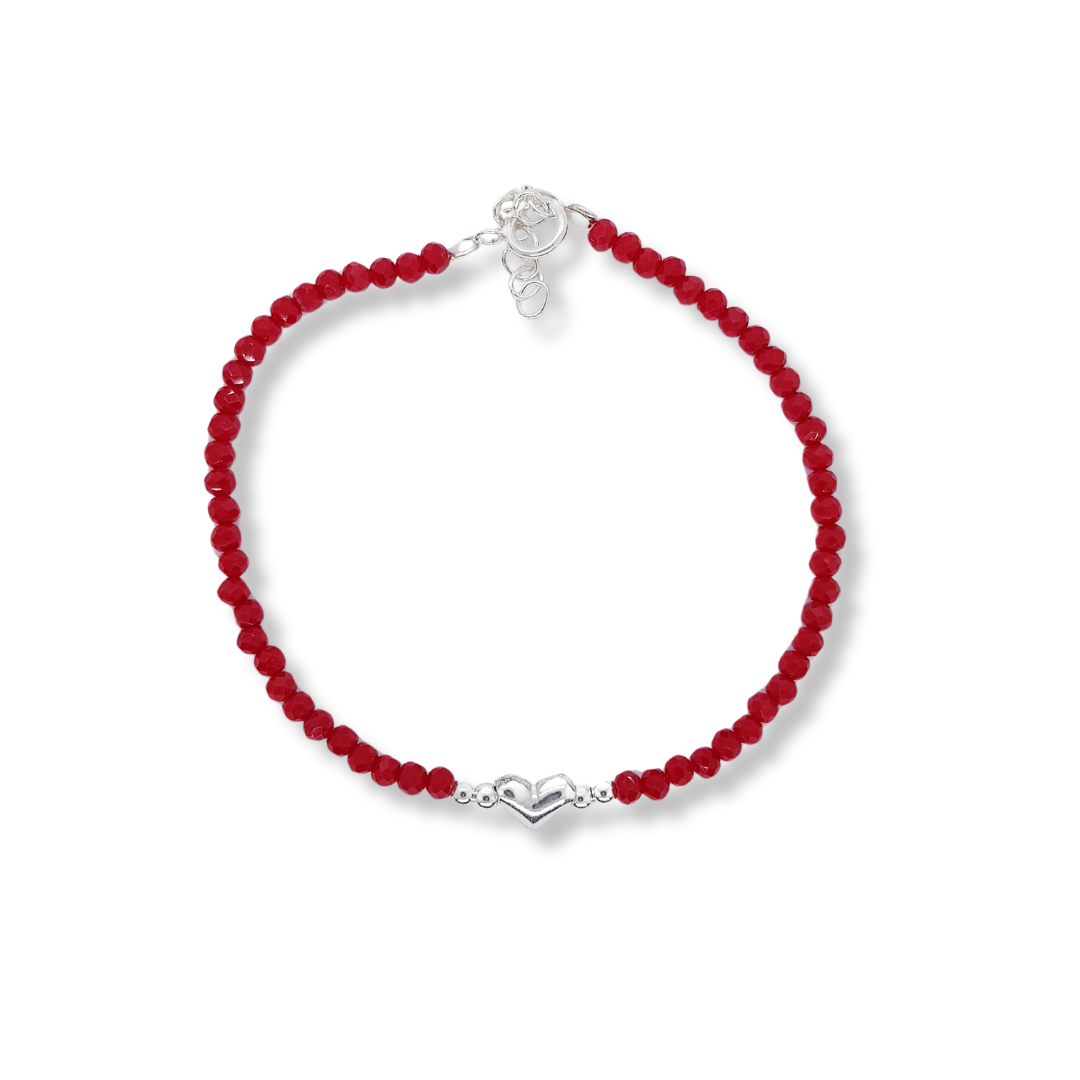 PULSERAS DE CRISTAL ROJAS CON CORAZON EN PLATA