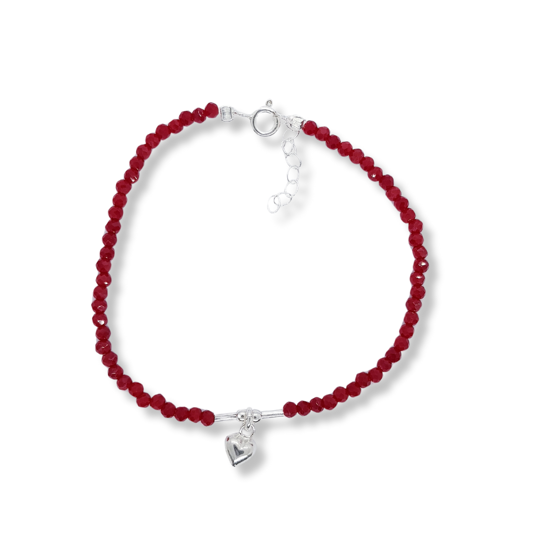 PULSERAS DE CRISTAL ROJAS CON CORAZON EN PLATA
