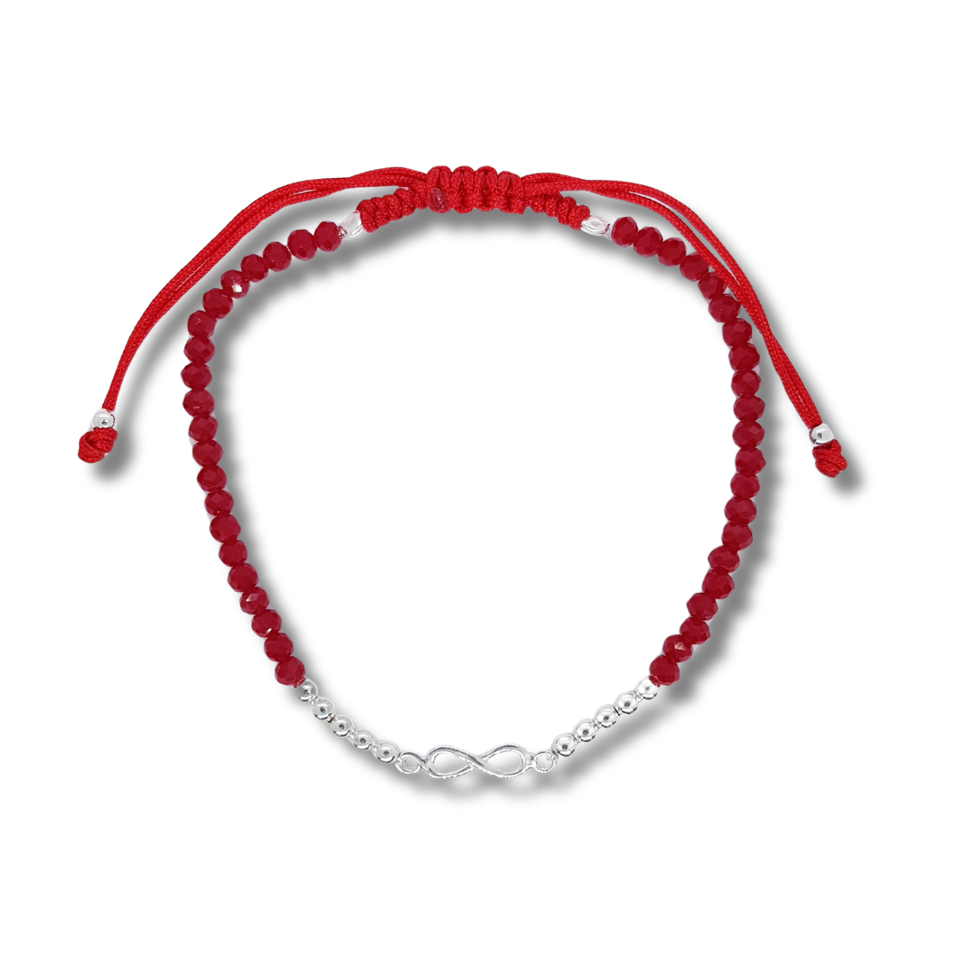 PULSERA DE CRISTALES ROJA CON INFINITO DE PLATA